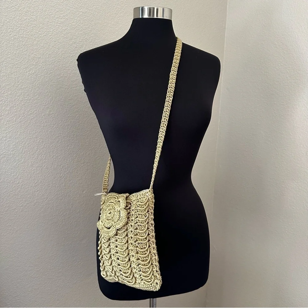 Vintage Handmade Crochet Floral Gold Cross Bag